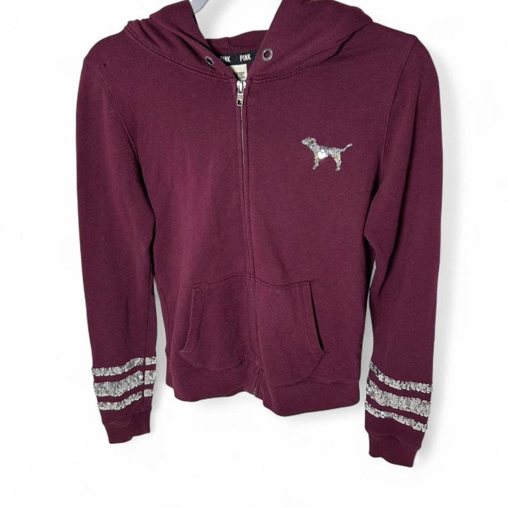 PINK Victoria's Secret Full‎ Zip Bling Sequin Sweatshirt Hoodie Maroon Small